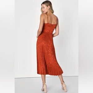 Rust Orange Pleated Midi Dress